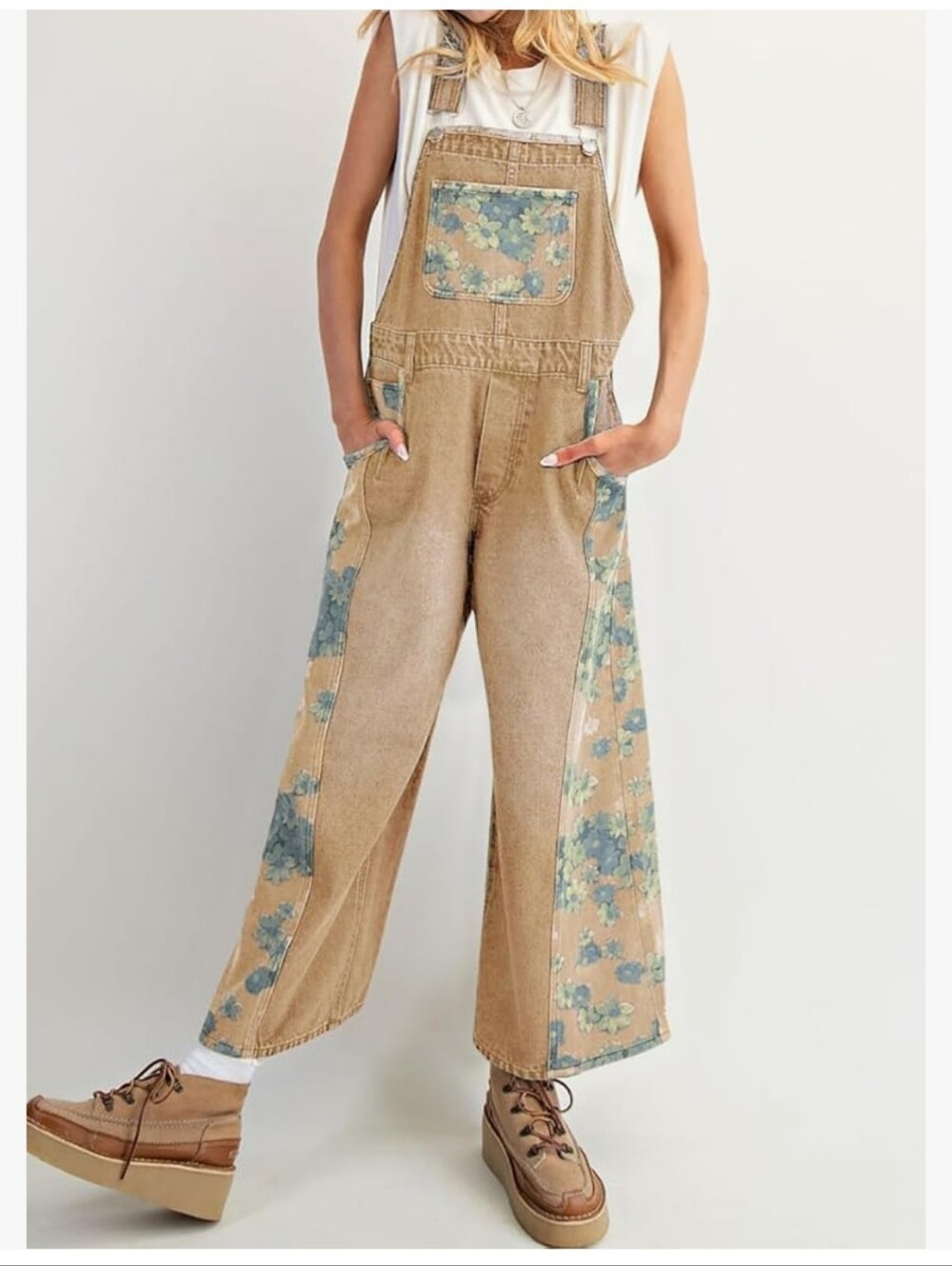 Tan Denim Overalls with Blue Floral Panels. NWT Multiple Sizes Available